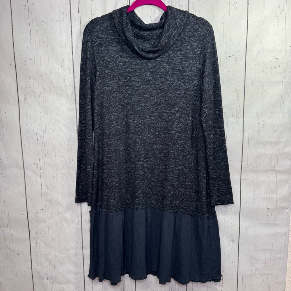 Soft Surroundings Black Charcoal Cowl Neck Ruffle Hem Tunic Dress Lagenlook Boho